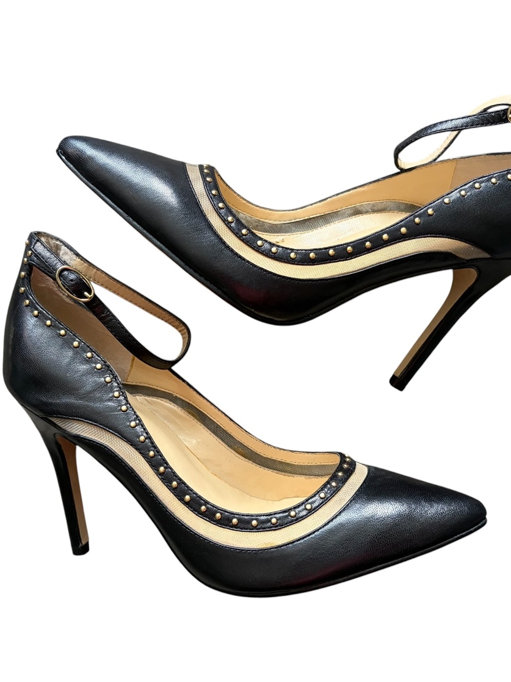 Levity Kimi Black Leather and Mesh Pointed-Toe Pumps With Ankle-Strap